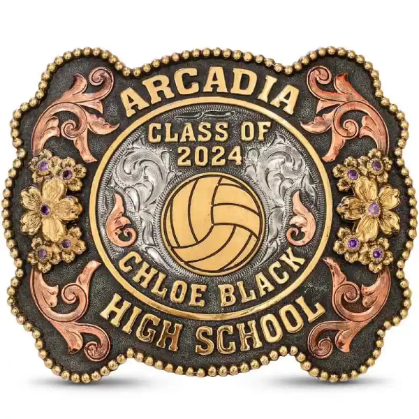 The Sophia Belt Buckle combines classic craftsmanship with a touch of modern flair. Featuring a hand-engraved German Silver base, it boasts a beaded edge, Copper overlays, and a Jewelers Bronze flowers. Personalize it today!